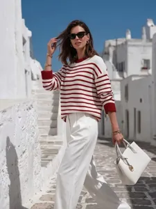 Women red white striped knit sweater casual crewneck contrast long sleeve pullover.