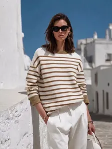 Casual striped crewneck knit top with contrasting cuffs, lazy style fashion apparel for daily wear.