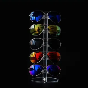 Acrylic sunglasses display stand, 5-tier vertical clear rack for eyeglasses and shades.