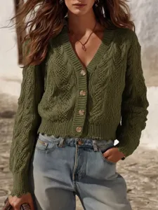 Olive green V-neck cable knit cardigan button down cropped sweater for women trendy fall casual.