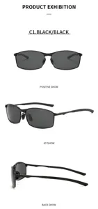 Detail view of stylish men's metal square polarized sunglasses in classic black finish.