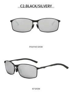 Men's polarized metal square sunglasses driving black frame silver mirror fashion eyewear