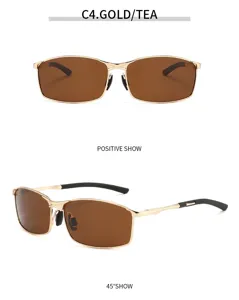 Men's metal square polarized sunglasses, gold frame with brown lenses for driving and fashion.