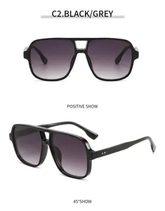 Detailed view of retro square double bridge aviator sunglasses featuring gradient grey lenses.