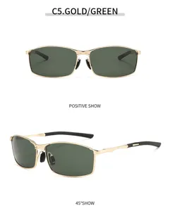 Men metal square polarized sunglasses driving gold frame green lens fashion eyewear