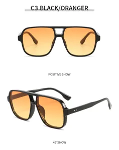 Detailed view of retro square double-bridge aviator sunglasses with orange gradient lenses.
