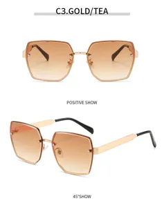 Lunettes de soleil dégradées polygonales pour femmes, solaires chic sans monture en métal.