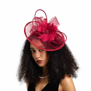 Elegant red mesh fascinator hat for women, perfect for horse racing festivals and vintage wedding parties.