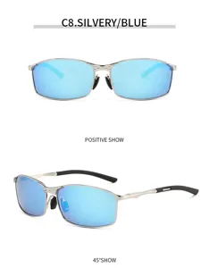 Men's metal square frame polarized sunglasses driving fashion eyewear silver blue lens