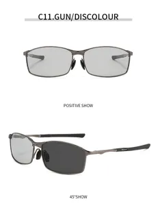 Detail view of men's metal square photochromic polarized sunglasses in gunmetal.