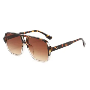Retro square double bridge aviator sunglasses with tortoise frame and gradient brown lenses.