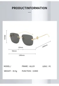 Lunettes de soleil carrées sans monture à la mode avec branches serpent et verres PC UV400.