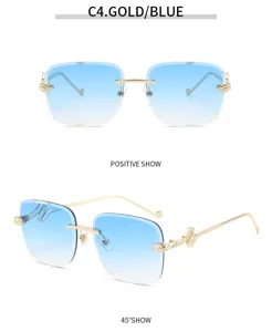Lunettes de soleil sans monture carrées et dégradées avec branches serpent dorées.