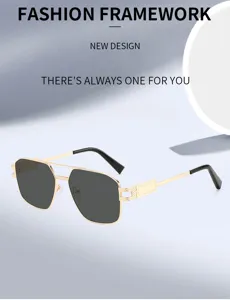 Detalle de gafas de sol cuadradas de doble puente metálico, estilo retro moderno y chic.