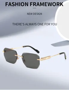 Men rimless polygonal sunglasses featuring gold metal frame and stylish gradient lenses for outdoors.