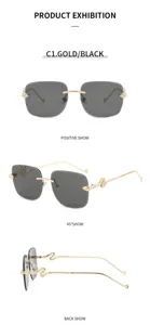 Lunettes de soleil carrées sans monture de luxe de mode avec branches serpent dorées.
