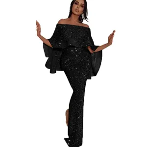 Nahaufnahme des Pailletten-Off-Shoulder-Abendkleides mit elegantem Rüodenumhang-Design.
