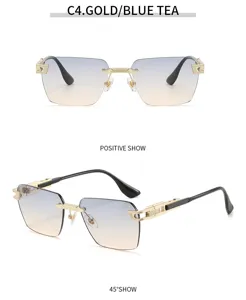 Luxury rimless sunglasses for men and women, stylish gradient UV protection shades, gold metal.