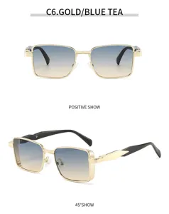 Lunettes de soleil rétro carrées en métal pour hommes et femmes, verres dégradés bleus.