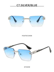 Close-up detail of stylish rimless gradient blue sunglasses with metal frame and temples.