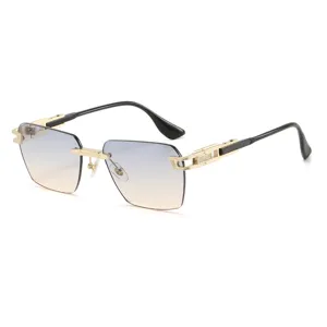 Luxury metal rimless sunglasses with gradient lenses and stylish mechanical gold temples for men.