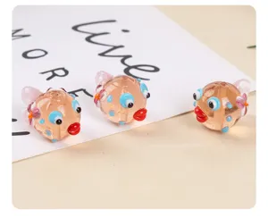 Handcrafted glass pufferfish loose beads, amber color DIY bracelet necklace jewelry making materials.