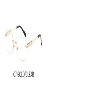 Stylish polygon rimless sunglasses for men, trendy gold metal frame with clear lenses.