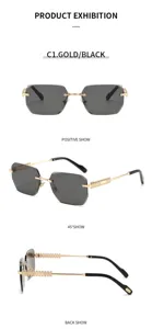 Men's luxury polygon rimless sunglasses with gold metal frame and black temple tips.