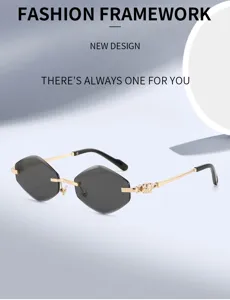 Rimless polygon sunglasses with stylish gradient grey lenses, gold metal frame, and chic design.