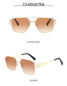 Gafas de sol cuadradas de doble puente dorado con lentes degradadas marrones retro.