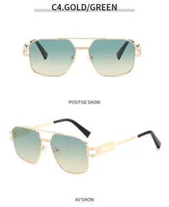 Gafas de sol cuadradas de doble puente metálico con lentes verdes degradadas moda.