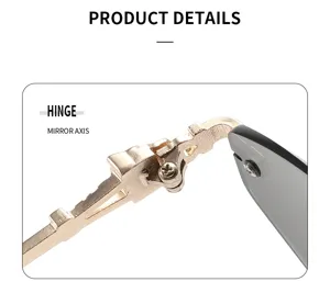 Metal hinge detail of rimless polygonal sunglasses for women and men, driving eyewear.