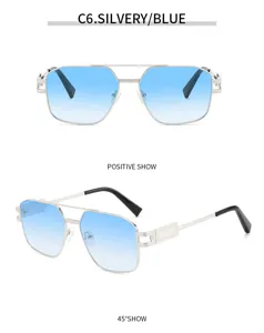 Vista detallada de elegantes gafas de sol cuadradas de metal con lentes degradadas.
