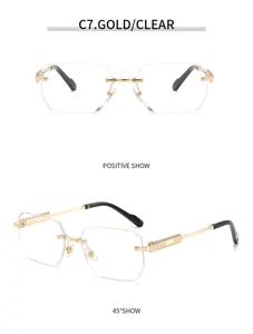 Men fashion polygonal rimless glasses gold frame clear lens vintage retro eyewear style