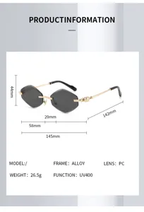 Rimless polygon sunglasses for women and men, UV400 protection, stylish alloy frame.