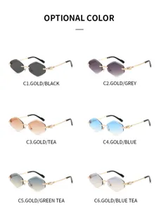 Chic rimless polygon sunglasses for women and men, stylish gradient lenses with gold metal frame.