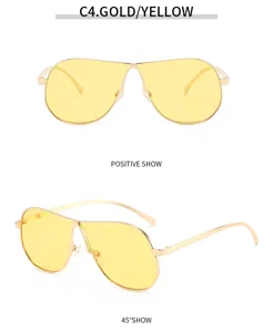 Modische große Metall-Sonnenbrille mit gelben Gläsern für Damen, retro Pilotenbrille.