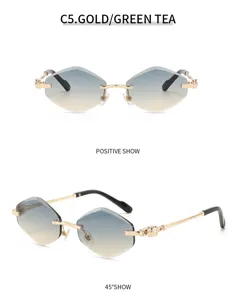 Polygon Rimless Sunglasses Gradient Lens Gold Metal Frame UV Protection Driving Glasses
