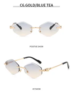 Rimless polygon gradient sunglasses for women with gold metal temples and chic design.