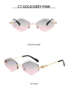 Rimless polygon gradient sunglasses for women and men, luxury metal frame driving eyewear.