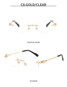 Luxury rimless polygonal sunglasses for women and men, gold metal frame with chic clear lenses.