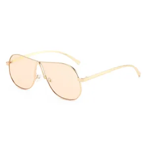 Modische Oversize Metall Sonnenbrille für Damen mit pfirsichfarbenen Gläsern und Goldgestell.