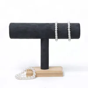 Support de presentation de bracelet en velours noir en forme de T avec base en bois