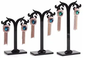 Lot de 3 présentoirs à boucles d'oreilles en acrylique noir pour bijoux élégants.