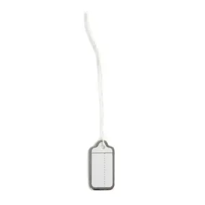 Jewelry price hang tags with silver border and hanging string for retail display details.