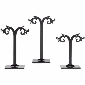 Lot de 3 présentoirs de boucles d'oreilles en acrylique noir, idéal pour bijouterie.