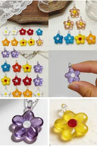 Colorful glass flower pendants, mini five-petal charms for DIY jewelry making and beading.
