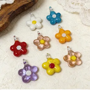 Colorful glass flower charms detail view, ideal for DIY jewelry making and beading.