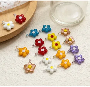 Colorful glass flower charms mini five-petal pendants DIY jewelry making accessories detail view