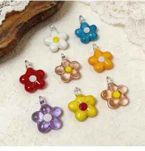 Colorful glass flower pendant details, mini five-petal charm bead for DIY handmade jewelry.